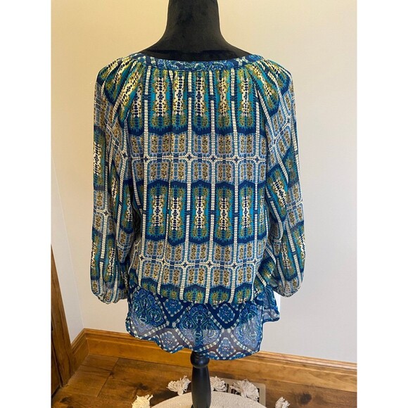 FIGUEROA & Flower Blouse Sz Large Boho Peasant Elastic Waist Blue Green Top - Picture 5 of 12